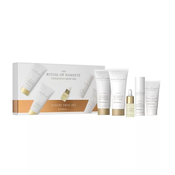 Rituals The Ritual of Namaste zestaw pianka oczyszczająca 30ml + peeling do twarzy 30ml + krem na dzień 10ml + serum 10ml + booster z bakuchiolem 4ml