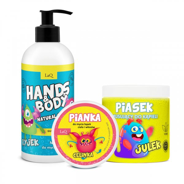 LaQ Guma Balonowa, zestaw do ciała dla dzieci, żel 300ml + piasek żółty 190g + pianka do łapek żółta 20g (sianko)