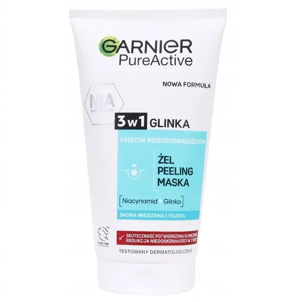 Garnier Czysta Skóra 3w1 Żel oczyszczający + Peeling + Maska przeciw niedoskonałościom, z glinką 150ml