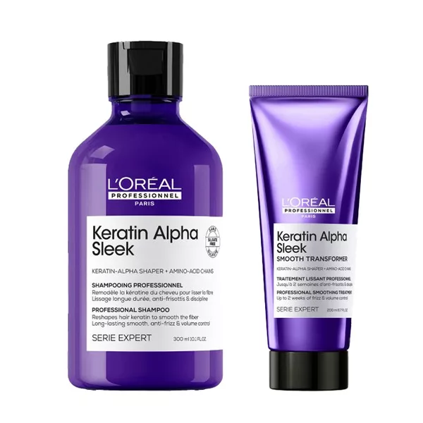 Loreal Keratin Alpha Sleek, zestaw wygładzający do włosów puszących się, szampon + kuracja
