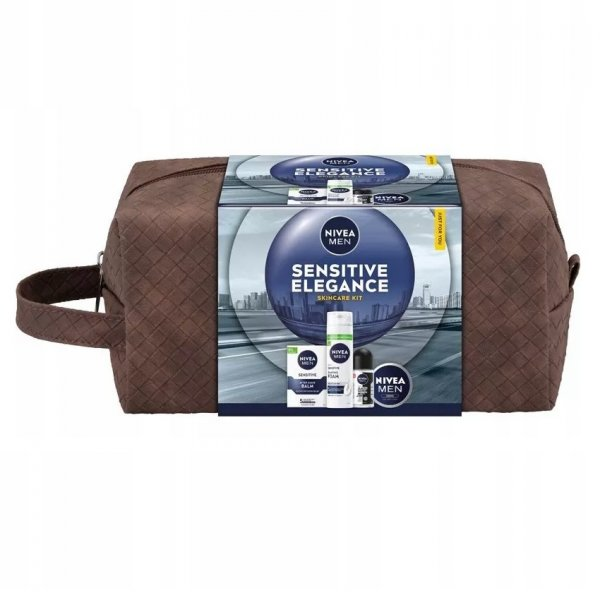 Nivea Men Sensitive Elegance zestaw łagodząca pianka do golenia 200ml + łagodzący balsam po goleniu 100ml + krem uniwersalny 100ml + antyperspirant roll-on 50ml + kosmetyczka (M)