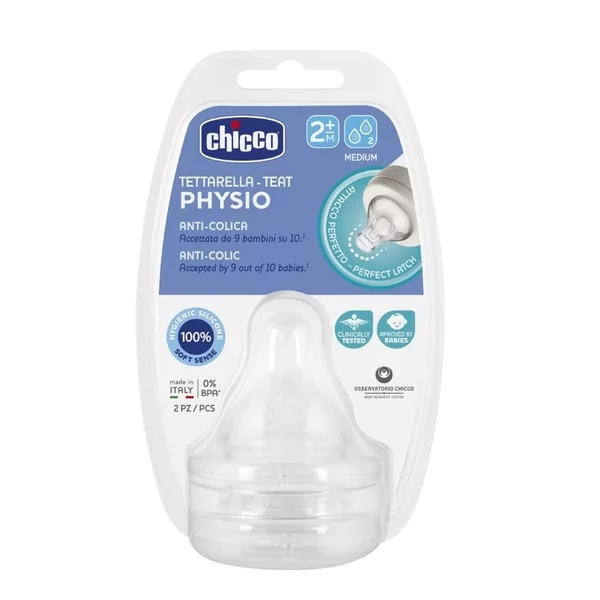 Chicco Physio Smoczek antykolkowy na butelkę przepływ średni dla dzieci 2m+ 2szt