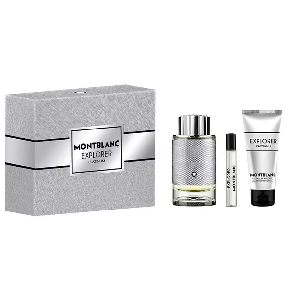 Mont Blanc Explorer Platinum zestaw dla mężczyzn woda perfumowana 100ml + miniatura 7,5ml + żel pod prysznic 100ml w eleganckim opakowaniu