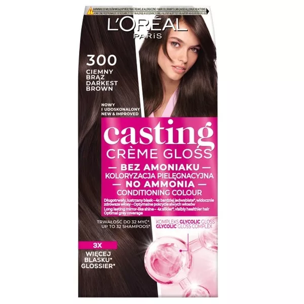 L'Oreal Paris Casting Crème Gloss Farba do włosów bez amoniaku, 300 Ciemny Brąz