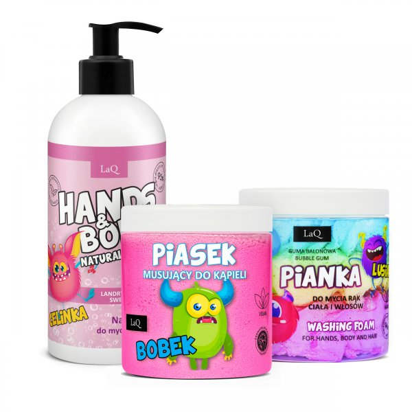 LaQ Landryna, zestaw do ciała dla dzieci, żel 300ml + piasek różowy 190g + pianka do łapek różowa 20g (sianko)