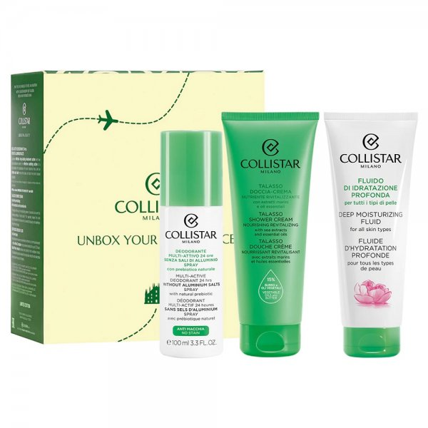 Collistar Unbox Your Confidence zestaw dezodorant w sprayu 100ml + fluid głęboko nawilżający 100ml + kremowy żel pod prysznic 100ml (W)