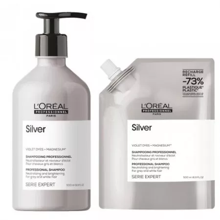 Loreal Professionnel Silver, zestaw szampon do włosów rozjaśnionych lub siwych 500ml + refill 500ml