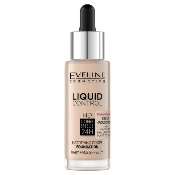 Eveline Cosmetics Liquid Control HD, Matujący podkład do twarzy z niacynamidem 02 Soft Porcelain, 32ml