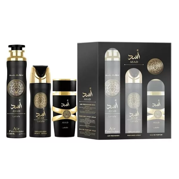 Lattafa Asad zestaw woda perfumowana spray 100ml + dezodorant spray 200ml + odświeżacz powietrza 300ml (M)