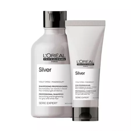 Loreal Silver, zestaw do włosów rozjaśnianych i siwych, szampon + odżywka