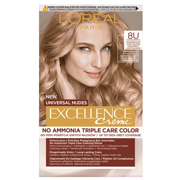 L'Oreal Paris Excellence Creme Universal Nudes, Trwała Farba do Włosów, 8U Uniwersalny Jasny Blond