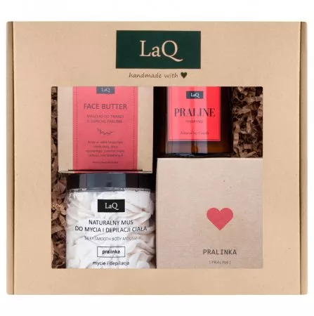 LaQ, Zestaw: Pralinka - mus do mycia ciała, masełko do twarzy, masło do ciała i świeca sojowa