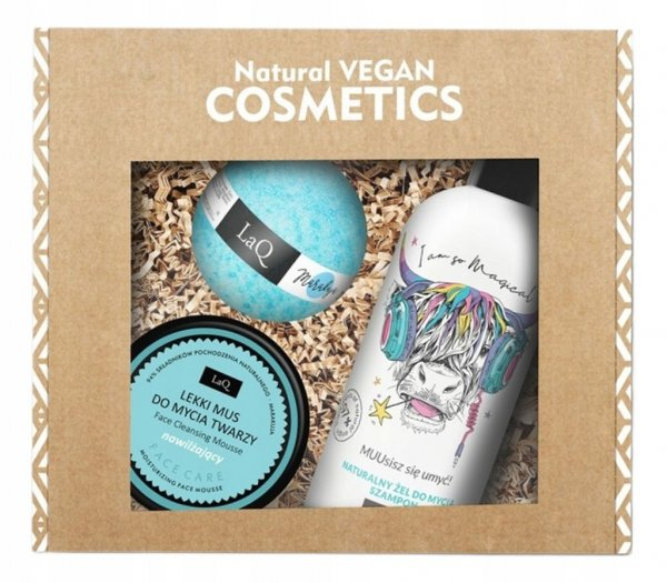 LaQ Music, zestaw, żel Krowa 300ml + mus do mycia twarzy nawilżający 40g + kula marakuja 120g (sianko)