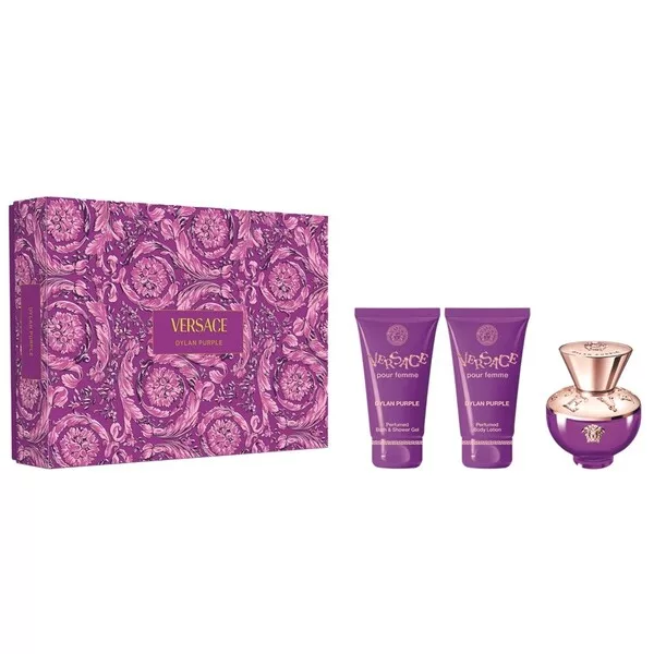 Versace Dylan Purple Pour Femme luksusowy zestaw dla kobiet: perfumy 50ml, żel pod prysznic 50ml, balsam do ciała 50ml