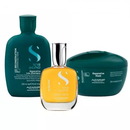 Alfaparf Milano Semi di Lino Reconstruction, zestaw odbudowujący do włosów zniszczonych, szampon + maska + olejek 30ml