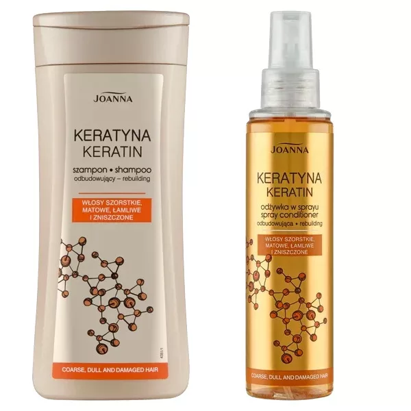 Joanna Keratyna, zestaw odbudowujący włosy zniszczone, szampon + odżywka w sprayu, 200ml + 150ml
