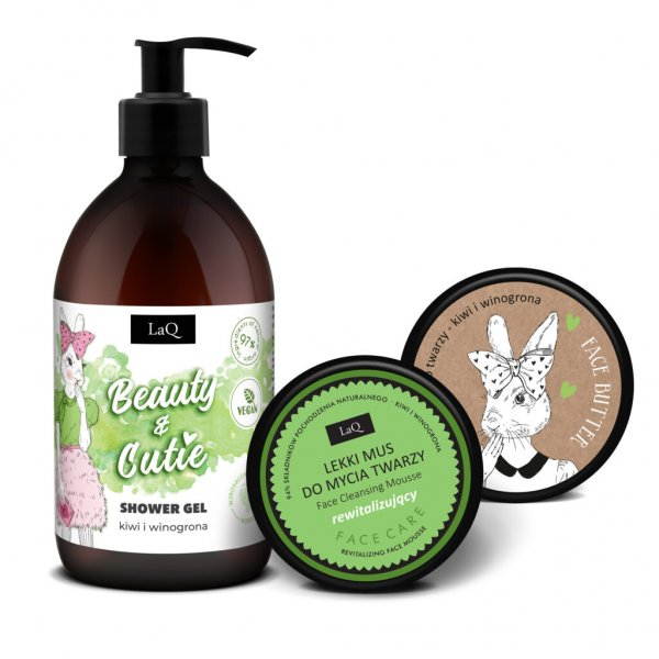 LaQ Kiwi i Winogrona Silver, zestaw, żel 500ml + masełko 50ml + mus do twarzy 40g (sianko)