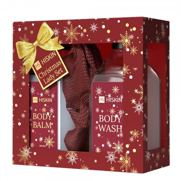 HiSkin Christmas Lady Set zestaw balsam do ciała 200ml + żel pod prysznic 200ml + gąbka 1szt.