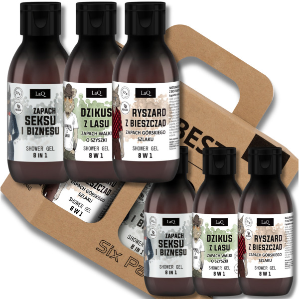 LaQ Czyściopak, zestaw do ciała męski mini, Zapach seksu i biznesu/Ryszard z Bieszczad/Dzikus z lasu, 6x100ml