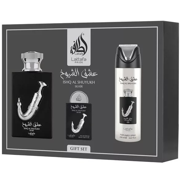 Lattafa Ishq Al Shuyukh Silver zestaw woda perfumowana spray 100ml + woda perfumowana spray 20ml + dezodorant spray 200ml (U)