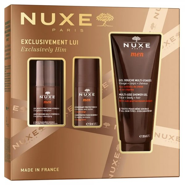 Nuxe Exclusively Him zestaw wielofunkcyjny żel nawilżający do twarzy 50ml + dezodorant roll-on 24-godzinna ochrona 50ml + wielofunkcyjny żel pod prysznic 200ml (M)
