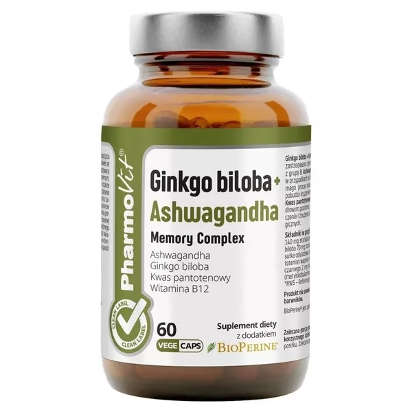 Pharmovit Ginkgo biloba + Ashwagandha suplement diety 60 kapsułek