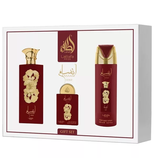 Lattafa Ansaam Gold zestaw woda perfumowana spray 100ml + woda perfumowana spray 20ml + dezodorant spray 200ml (W)