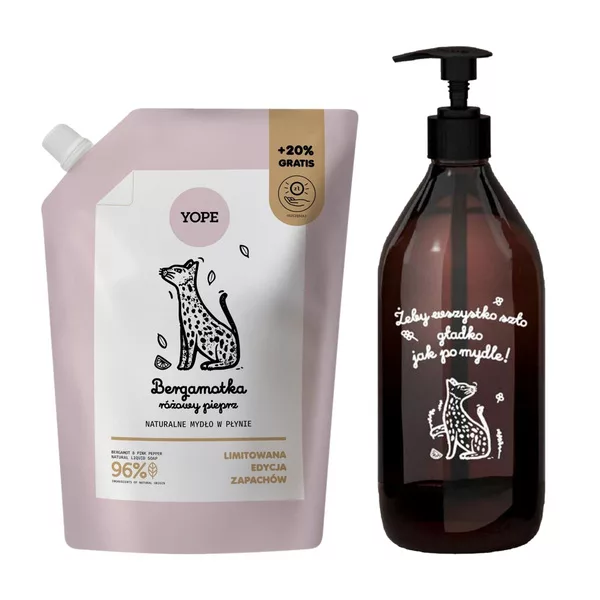 Yope, zestaw mydło w płynie 600ml refill + szklana butelka, bergamotka różowy pieprz
