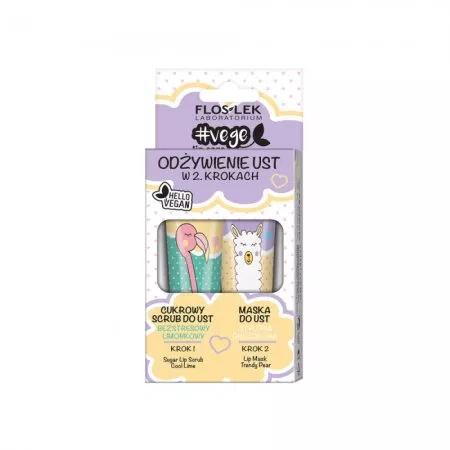 FlosLek Vege Lip Care zestaw odżywienie ust w 2 krokach cukrowy scrub bezstresowy limonkowy + maska do ust stylowa gruszkowa 2x14g