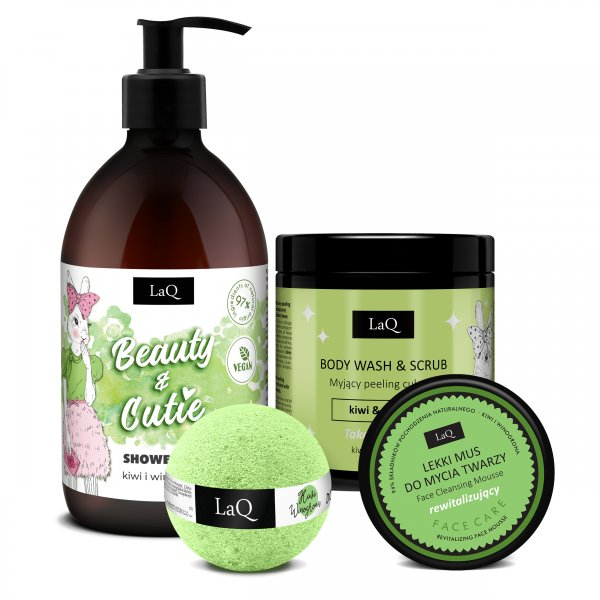 LaQ Kiwi i Winogrona Silver, zestaw, żel 500ml + peeling 220g + mus do twarzy 40g + kula 120g (sianko)