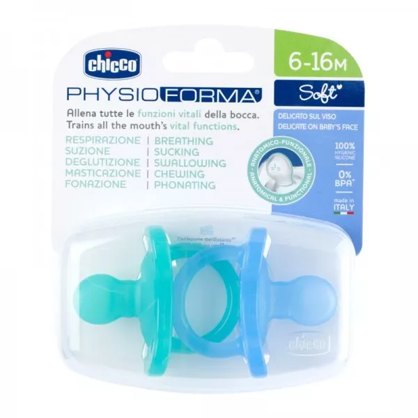 Chicco PhysioForma Soft smoczek silikonowy uspokajający 6-16m Niebieski 2szt.