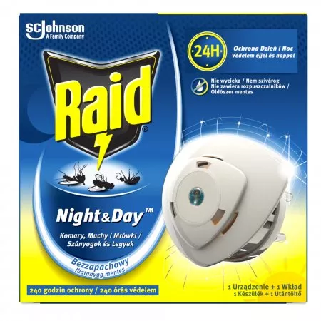 Raid Night & Day, przeciw muchom, komarom i mrówkom, elektrofumigator owadobójczy z wymiennym wkładem, 1szt.
