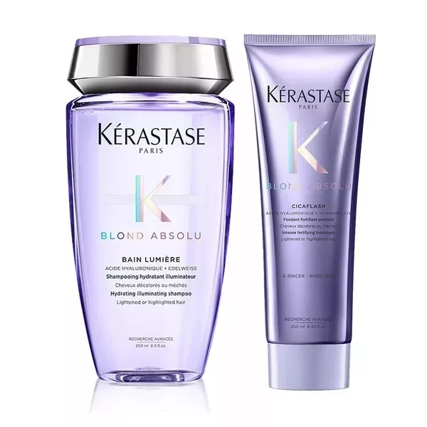 Kérastase Blond Absolu, zestaw rozświetlająco-wzmacniający do włosów blond, kąpiel Lumiere 200ml + odżywka Cicaflash 250ml