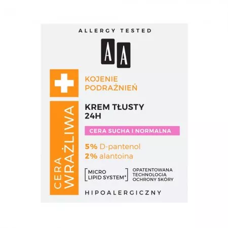 AA Cera Wrażliwa krem tłusty do cery suchej i normalnej 24h - bezzapachowy 50ml