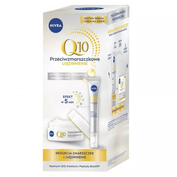 Nivea Q10 Przeciwzmarszczkowy Duet zestaw ekstra ujędrniający krem na dzień SPF15 50ml + serum precyzyjny wypełniacz zmarszczek 15ml