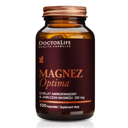 Doctor Life Magnez Optima chelat aminokwasowy i Jabłczan Magnezu 200mg suplement diety 100 kapsułek