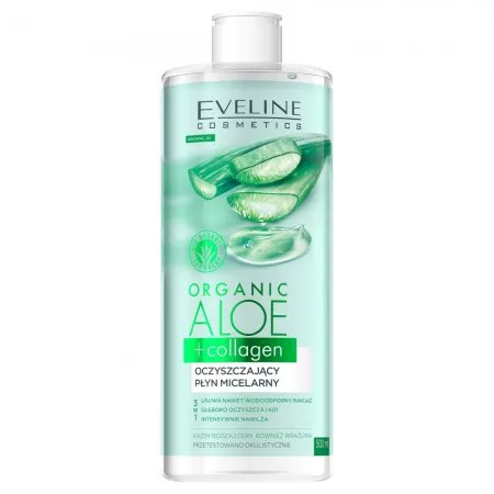 Eveline Organic Aloe + Collagen, oczyszczający płyn micelarny 3 w 1, 500ml
