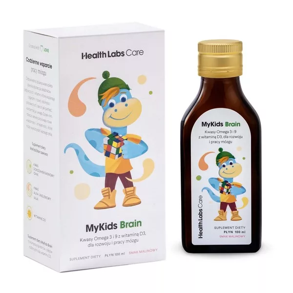 HealthLabs MyKids Brain kwasy Omega 3 i 9 z witaminą D3 dla rozwoju i pracy mózgu suplement diety dla dzieci Malinowy 100ml
