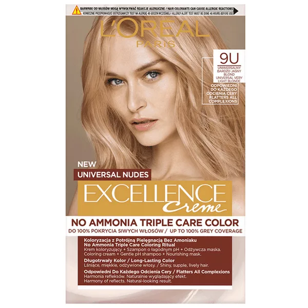 L'Oreal Paris Excellence Creme Universal Nudes, Trwała Farba do Włosów, 9U Uniwersalny Bardzo Jasny Blond