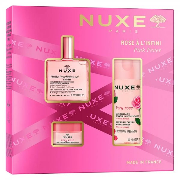 Nuxe Pink Fever zestaw suchy olejek regenerujący 50ml + łagodząca woda micelarna 3w1 100ml + różany balsam do ust 15g