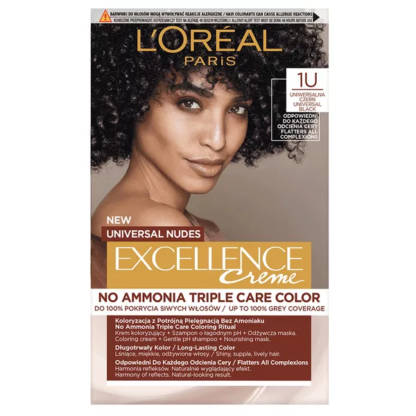 L'Oreal Paris Excellence Creme Universal Nudes, Trwała Farba do Włosów, 1U Uniwersalna Czerń