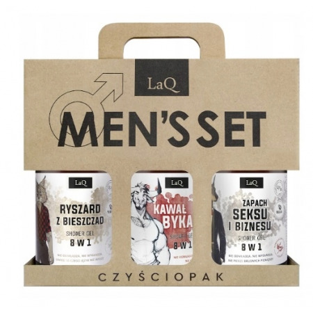LaQ Czyściopak Męski, zestaw Czarny 3x żel 500ml: 1x ryszard z bieszczad, 1x kawał byka, 1x zapach seksu i biznesu