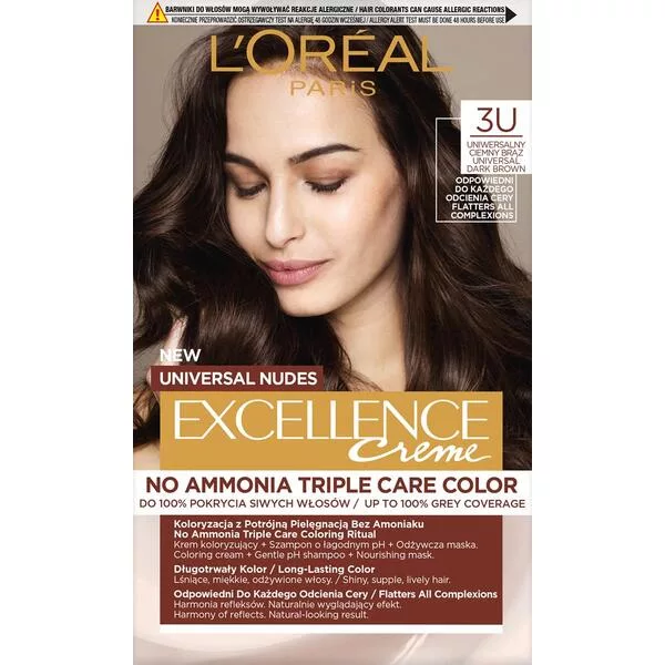 L'Oreal Paris Excellence Creme Universal Nudes, Trwała Farba do Włosów, 3U Uniwersalny Ciemny Brąz