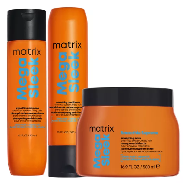 Matrix Mega Sleek, zestaw wygładzający przeciw puszeniu się włosów, szampon + odżywka + maska