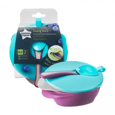 Tommee Tippee Feeding Bowls miseczka z pokrywką i łyżeczką trójkątna podstawa dla dzieci 6m+ 2szt