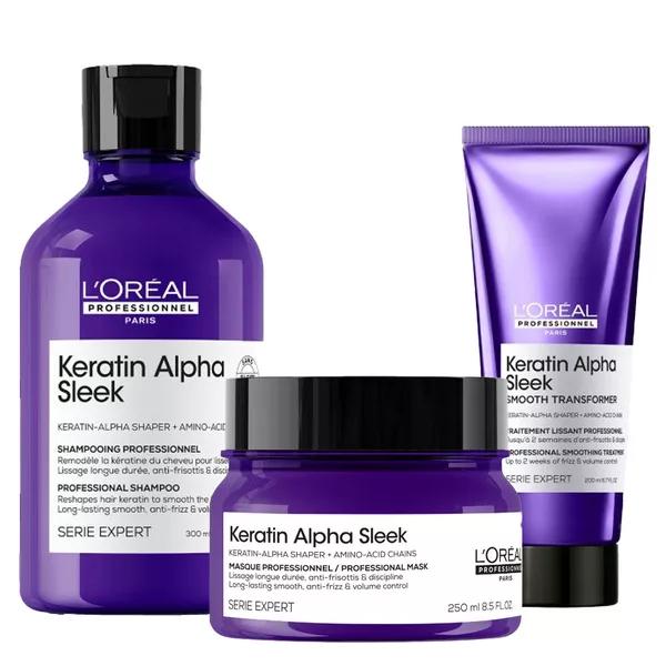 Loreal Keratin Alpha Sleek, zestaw wygładzający do włosów puszących się, szampon + kuracja + maska