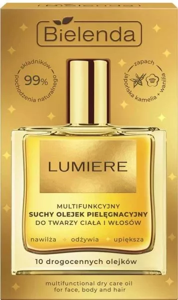 Bielenda Lumiere, multifunkcyjny suchy olejek pielęgnacyjny ze złotymi drobinami do twarzy, ciała i włosów, 50ml