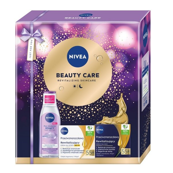 Nivea Beauty Care zestaw rewitalizujący krem na dzień SPF15 55+ 50ml + rewitalizujący krem na noc 55+ 50ml + kojący płyn micelarny 200ml