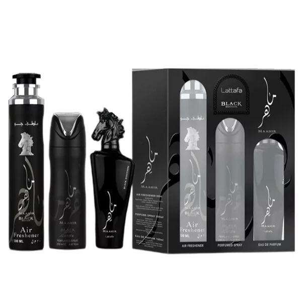 Lattafa Maahir Black Edition zestaw woda perfumowana spray 100ml + dezodorant spray 200ml + odświeżacz powietrza 300ml (U)