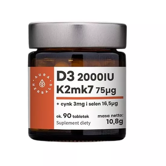 Aura Herbals Witamina D3 2000 IU + K2 + Cynk + Selen suplement diety 90 tabletek
